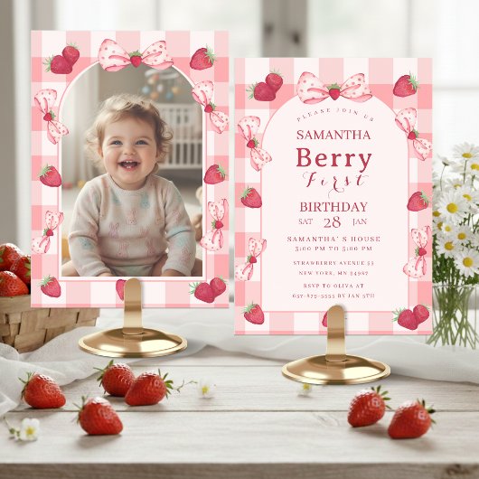 Berry First Birthday Photo Bow Gingham  Invitation