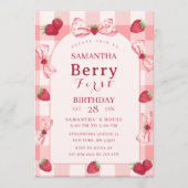 Berry First Birthday Photo Bow Gingham  Invitation (Vorderseite)
