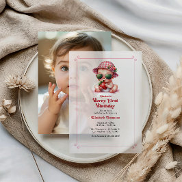 Berry First Birthday Pink Gingham Strawberry Pergament Einladungen