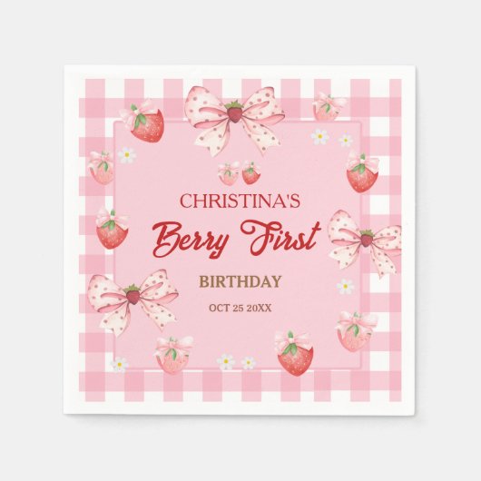 Berry first birthday pink strawberry gingham girl serviette (Vorderseite)