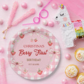 Berry first birthday pink strawberry gingham pappteller (Party)