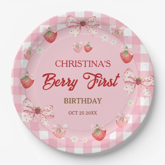 Berry first birthday pink strawberry gingham pappteller (Vorderseite)