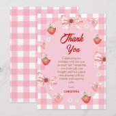 Berry first birthday pink strawberry gingham sweet dankeskarte (Vorne/Hinten)