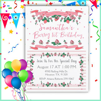Berry First Birthday Pink White Strawberry Einladung