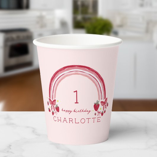 Berry First Birthday Rainbow Strawberry Bows Pappbecher