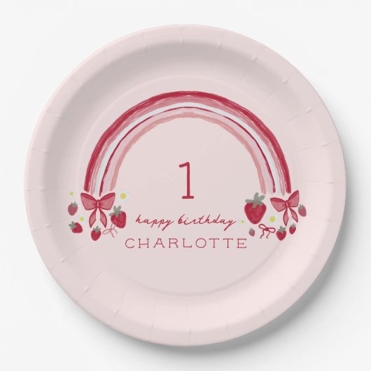 Berry First Birthday Rainbow Strawberry Bows Pappteller (Vorderseite)