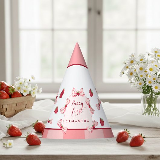 Berry First Birthday Red Gingham Bows Party Hat Partyhütchen
