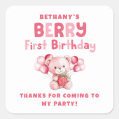 Berry First Birthday Strawberry 1. Party Danke Quadratischer Aufkleber (Vorderseite)
