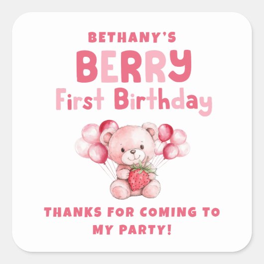 Berry First Birthday Strawberry 1. Party Danke Quadratischer Aufkleber (Vorderseite)