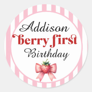 Berry First Birthday Strawberry and bow Runder Aufkleber
