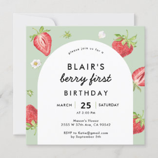 Berry First Birthday Strawberry Arch Square Einladung