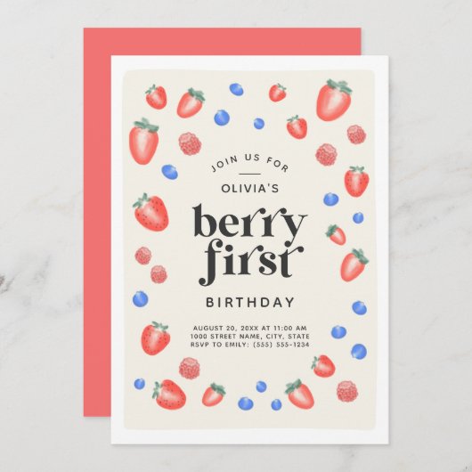 Berry First Birthday Strawberry Birthday Einladung (Vorne/Hinten)
