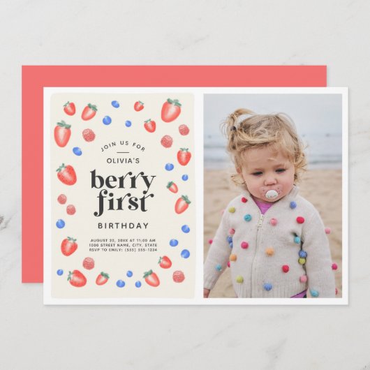 Berry First Birthday Strawberry Birthday Invitati Einladung (Vorne/Hinten)
