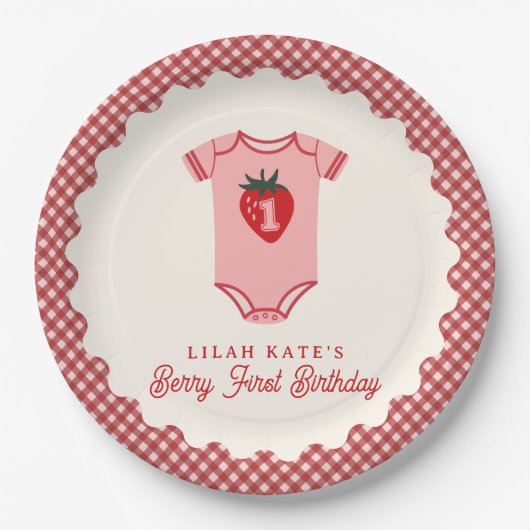 Berry First Birthday Strawberry Bodysuit Pappteller (Vorderseite)