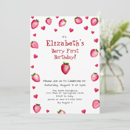 Berry First Birthday Strawberry Custom Foto 1. Einladung (Stehend Vorderseite)