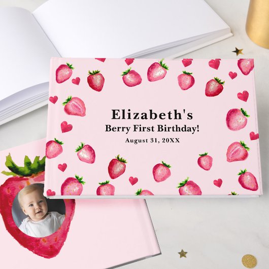 Berry First Birthday Strawberry Custom Photo Gästebuch
