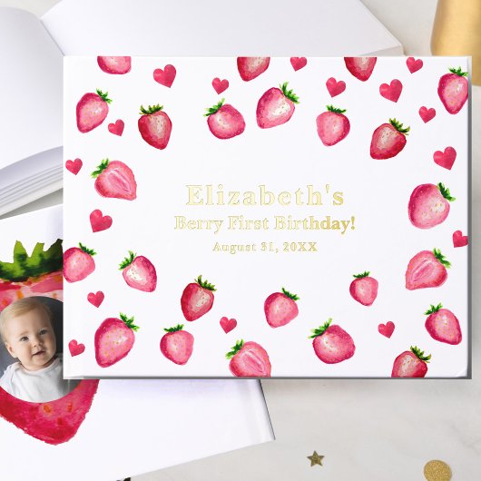 Berry First Birthday Strawberry Custom Photo Gold Gästebuch