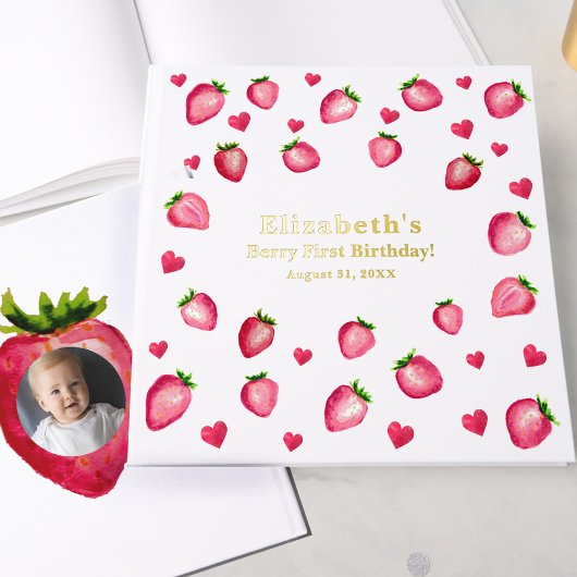 Berry First Birthday Strawberry Custom Photo Gold Gästebuch