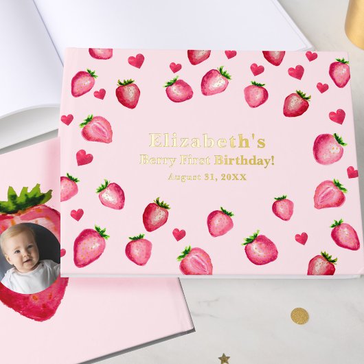 Berry First Birthday Strawberry Custom Photo Gold Gästebuch