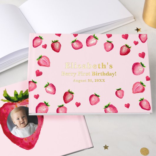 Berry First Birthday Strawberry Custom Photo Gold Gästebuch