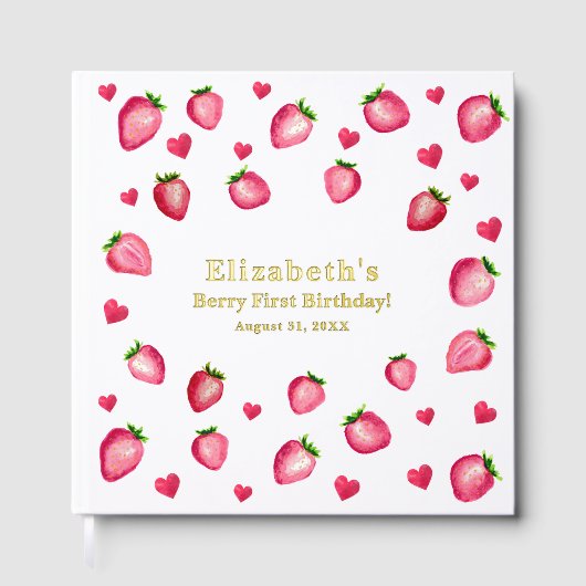 Berry First Birthday Strawberry Custom Photo Gold Gästebuch (Vorderseite)
