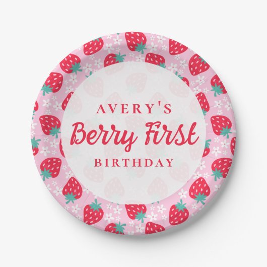 Berry First Birthday Strawberry Daisy Pappteller (Vorderseite)