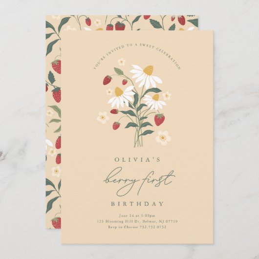Berry First Birthday Strawberry Einladung (Vorne/Hinten)