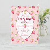 Berry First Birthday Strawberry Einladung (Stehend Vorderseite)