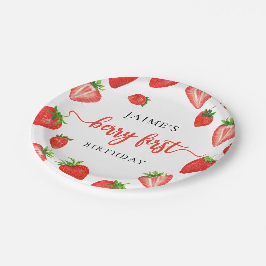 Berry First Birthday | Strawberry Erster Geburtsta Pappteller (Schrägansicht)