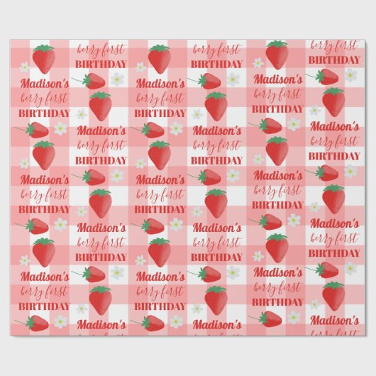 Berry First Birthday Strawberry Erster Name Geschenkpapier (Flach)