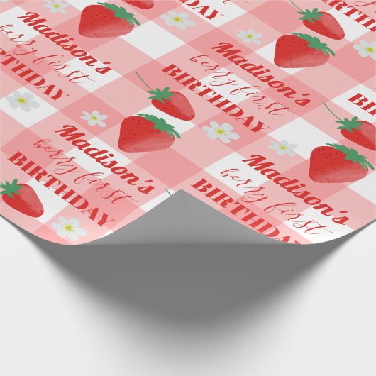 Berry First Birthday Strawberry Erster Name Geschenkpapier (Ecke)