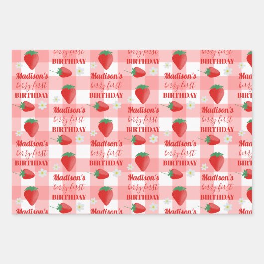 Berry First Birthday Strawberry Erster Name Geschenkpapier Set (Vorderseite 2)