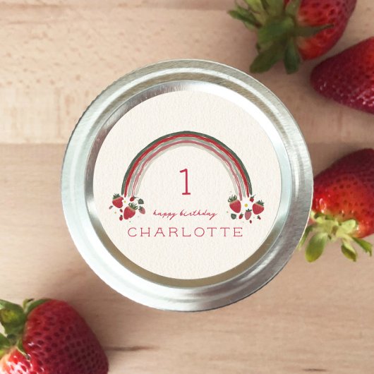Berry First Birthday Strawberry Floral Rainbow Runder Aufkleber
