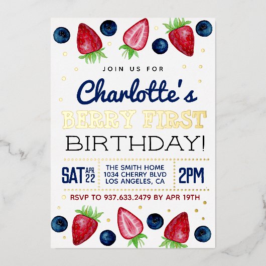 Berry First Birthday Strawberry Folieneinladung (Vorderseite)