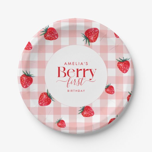 Berry First Birthday Strawberry Girl Pappteller (Vorderseite)