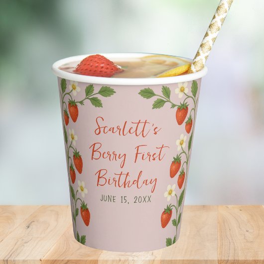 Berry First Birthday Strawberry Pink Floral Garden Pappbecher
