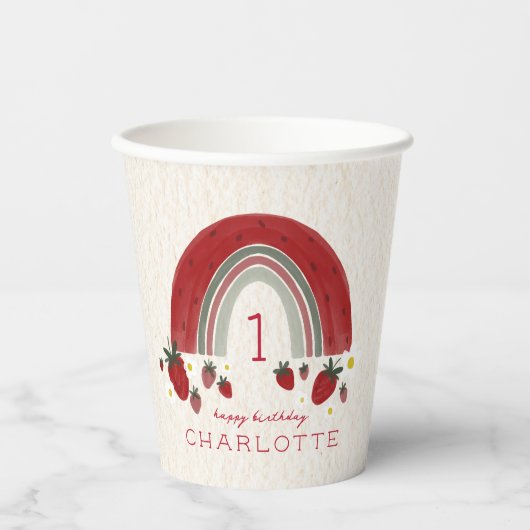 Berry First Birthday Strawberry Rainbow Floral Pappbecher (Vorderseite)