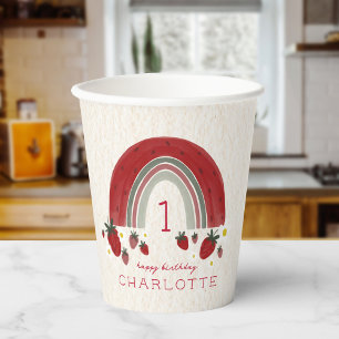 Berry First Birthday Strawberry Rainbow Floral Pappbecher