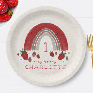 Berry First Birthday Strawberry Rainbow Floral Pappteller