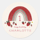 Berry First Birthday Strawberry Rainbow Floral Runder Aufkleber (Vorderseite)