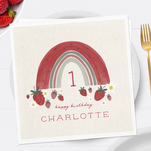 Berry First Birthday Strawberry Rainbow Floral Serviette