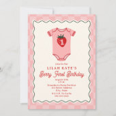 Berry First Birthday Strawberry Schachbrett Bodysu Einladung (Vorderseite)