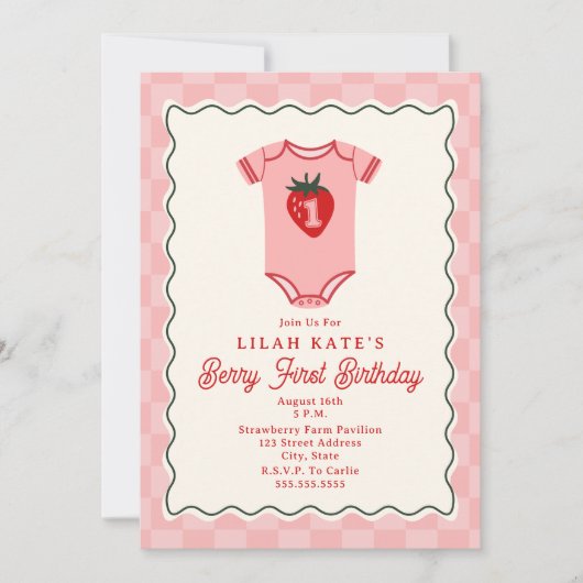 Berry First Birthday Strawberry Schachbrett Bodysu Einladung (Vorderseite)