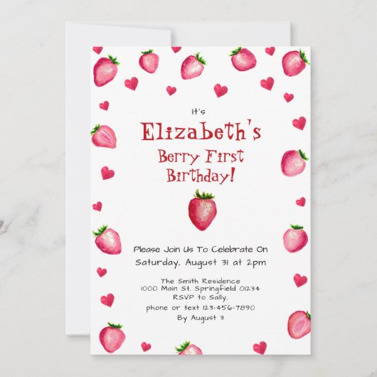 Berry First Birthday Strawberry Summer Gingham 1. Einladung (Vorderseite)