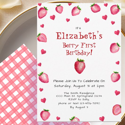 Berry First Birthday Strawberry Summer Gingham 1. Einladung