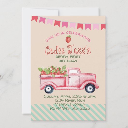 Berry First Birthday Strawberry Thema Einladung (Vorderseite)