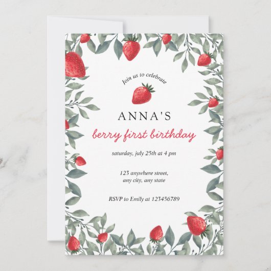 Berry First Birthday | Strawberry Themed Birthday Einladung (Vorderseite)