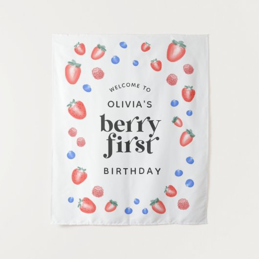 Berry First Birthday Strawberry Willkommen Wandteppich (Vorderseite)