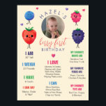 Berry First Birthday Sweet Watercolor Poster<br><div class="desc">Super niedliches Meilenstein Foto mit Ihrem bezaubernden 1-Jährigen mit süßen Aquarellmotiven: hellrote Erdbeere,  lächelnde Heidelbeere,  lila dunkle BlackBerry und freundliche Himbeere umgeben von niedlichen Herzen in Rot,  Rosa und lila. Einfach anpassen für den ersten Geburtstag Ihres Kleinen.</div>