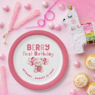 Berry First Birthday Teddy Bear Strawberry Pink bo Pappteller